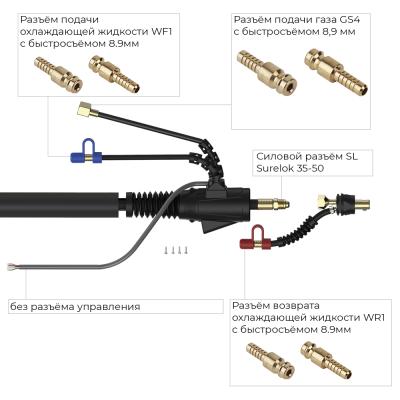 Сварочная горелка Parker SGT 20FX с гибким гусаком и разъёмом с быстросъёмом 8,9 мм 8 метров для TIG сварки в среде аргона фото артикул: SVA-SGT20FX-S1-25-SL-WF1-WR1-GS4BG