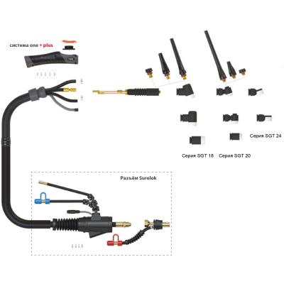 Сварочная горелка Parker SGT 225F с гибким гусаком, головой SGT 18, резьбой 1/4 BSP и системой One TIG 12 метров для TIG сварки в среде аргона фото артикул: SVA-SGTSF225-U18-70-QS1-37-SL-QWF1-QWR1-QGS5-PTP0-