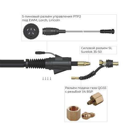 Сварочная горелка Parker SGT 26FX с гибким гусаком, 5-пиновым разъёмом EWM, Lorch, Lincoln, разъёмом с резьбой 1/4 BSP и системой One TIG 4 метра для TIG сварки в среде аргона фото артикул: SGT26FX-QS1-12-SL-QGS5-PTP2-BG