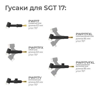 Сварочная аргонодуговая горелка Parker SGT 17 с 5-пиновым разъёмом, разъёмом с резьбой M10 x 1.0 и системой One TIG 8 метров для TIG сварки в среде аргона фото артикул: SGT17-QS1-25-SL-QGS6-PERCP15-BG