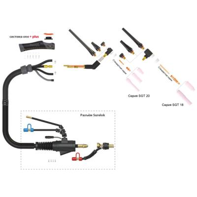 Сварочная аргонодуговая горелка Parker SGT 250M с шарнирной головой SGT 17, 5-пиновым разъёмом EWM, Lorch, Lincoln, разъёмом с резьбой 1/4 BSP и системой One TIG 4 метра для TIG сварки в среде аргона фото артикул: SVA-SGTSF250M-UM17-90-QS1-12-SL-QWF1-QWR1-QGS5-PTP