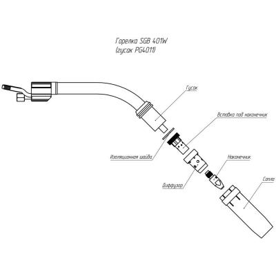 Сварочная полуавтоматическая горелка Parker SGB 401W с улучшенной подачей охлаждающей жидкости 4 метра (MIG/MAG) фото артикул: SVA-SGB4001-40ERBG
